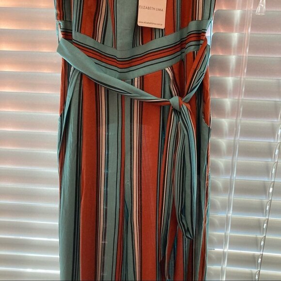 ELIZABETH LIMA Sz L Jumpsuit With Ruffles Wide Leg Pant Belt Bat Sleeve NWT - Picture 3 of 17